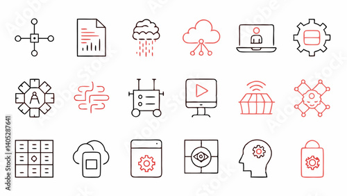 Outline icons based on artificial intelligence showcasing machine learning automation neural networks data analysis and digital transformation concepts