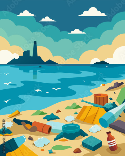 A once pristine beach now covered in piles of trash and bottles all washed up from the sea where factories have dumped their waste.. Vector illustration