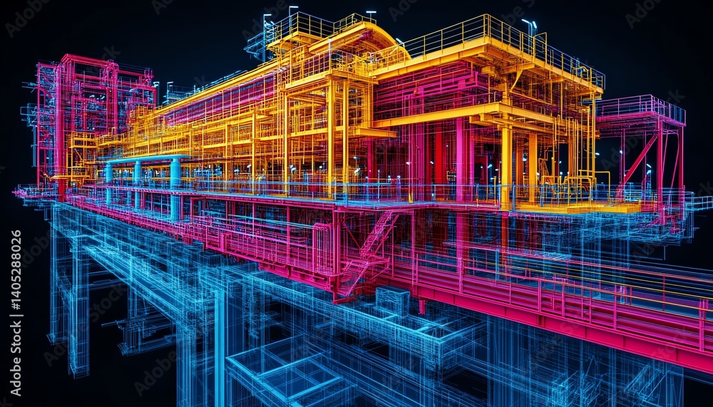 Obraz premium finite element stress analysis results, detailed 3D model, colorcoded stress map, complex structures, AIgenerated highdefinition illustration, engineering visualization