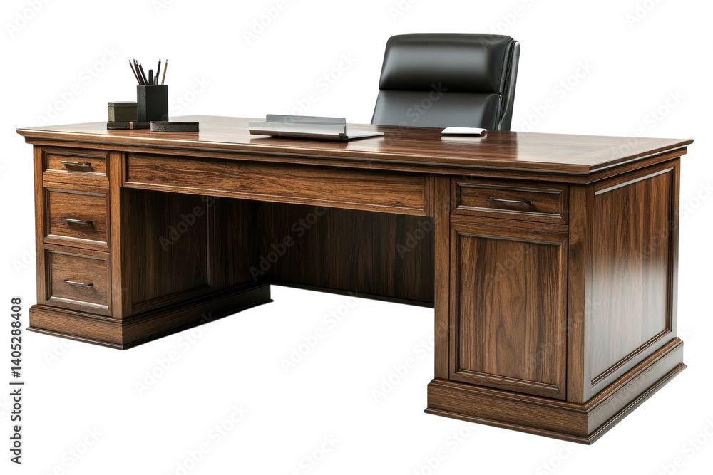 Fototapeta premium Elegant Executive Desk Rich Walnut Wood Spacious Design Professional Workspace Black Leather Chair Modern Office
