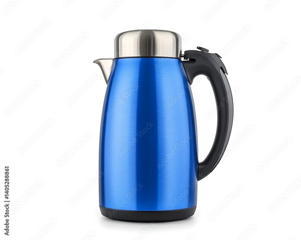 A blue thermos with a handle sits on a white background, metallic top & black accents A blue thermos with a handle sits on a white background, metallic top & black accents
