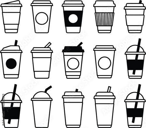 Disposable plastic coffee or tea cup with straw icon vector set.