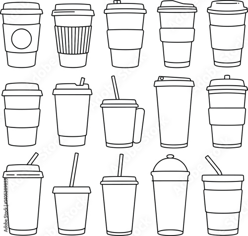 Disposable plastic coffee or tea cup with straw icon vector set.