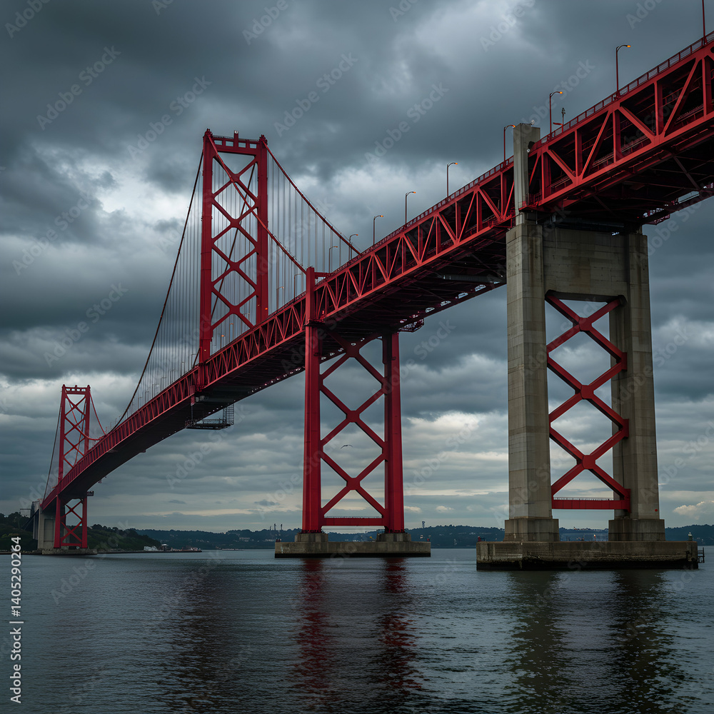 Obraz premium Red Bridge Dramatic Sky Architecture Photography