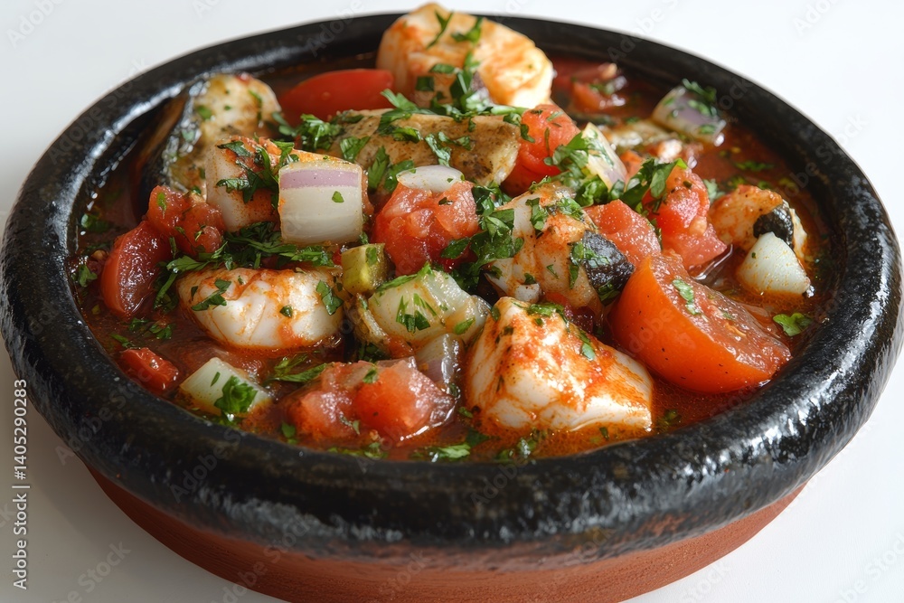 Black bowl filled with Portuguese fish stew, rich tomato-basil broth, topped with fish chunks, diced tomatoes, green herbs. Concept of Portuguese fish stew highlighting Caldeirada. Black bowl filled with Portuguese fish stew, rich tomato-basil broth, topped with fish chunks, diced tomatoes, green herbs. Concept of Portuguese fish stew highlighting Caldeirada.