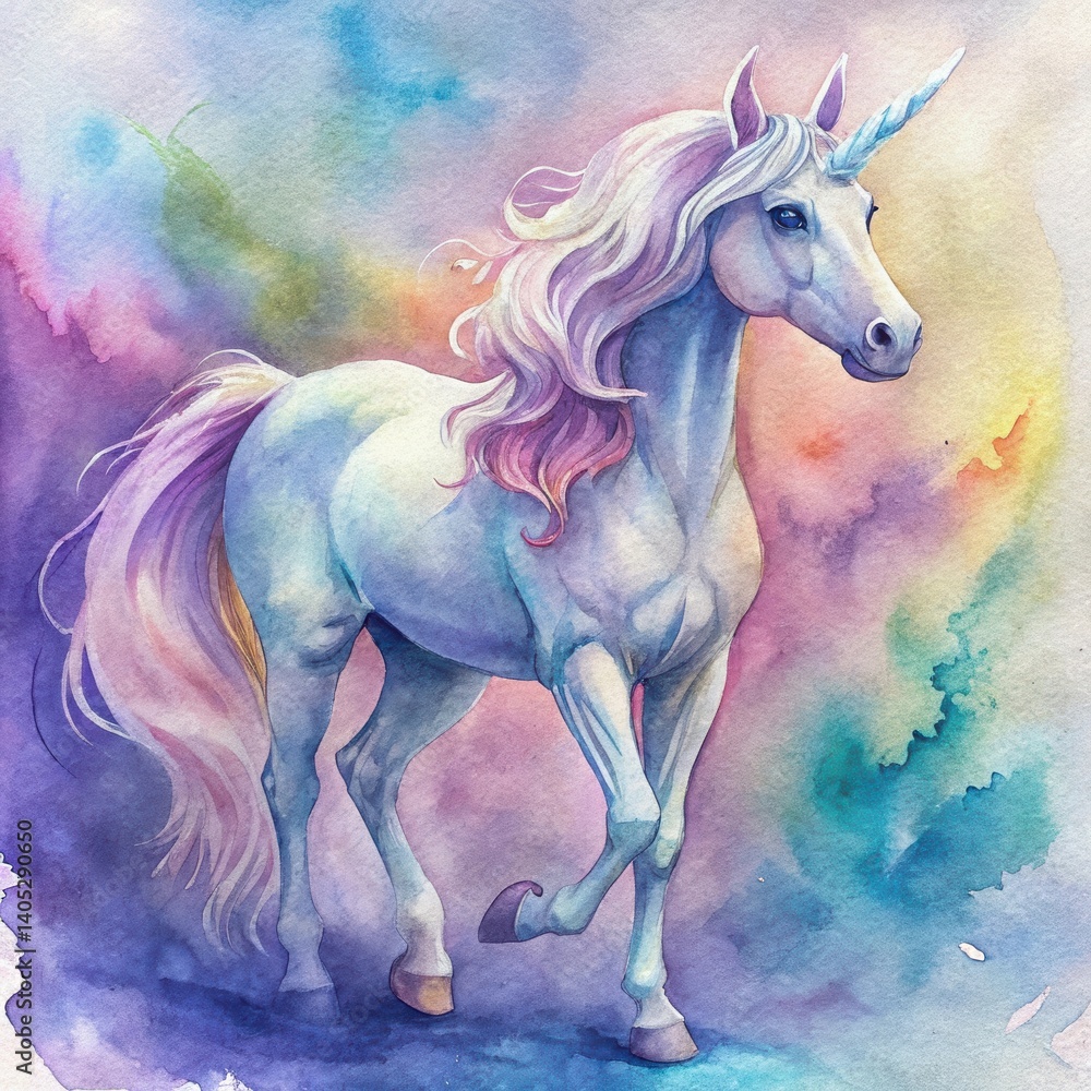 Naklejka premium Watercolor painting of a majestic unicorn with a colorful background