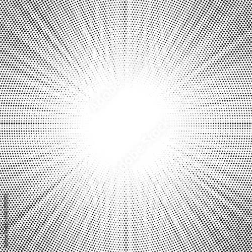 Halftone gradient sun rays pattern. abstract halftone vector dots background. monochrome dots pattern. pop art, comic small dots. star rays halftone poster. shine, explosion. sunrise rays background.