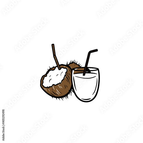 Coconut and drink with straw in hand-drawn style on white background