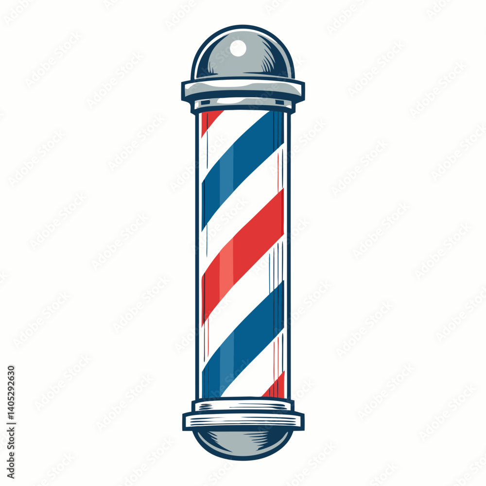 Generate a vector graphic of a classic barber pole with a bold, thick stroke.  Use vibrant red, white, and blue stripes.