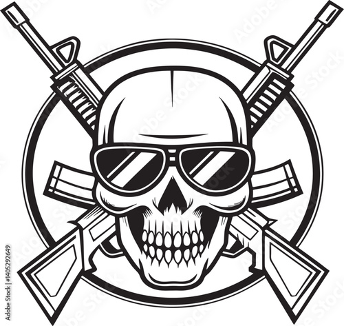 Skull with sunglasses and crossed assault rifles in monochrome style – edgy tactical military emblem or biker gang logo with bold attitude