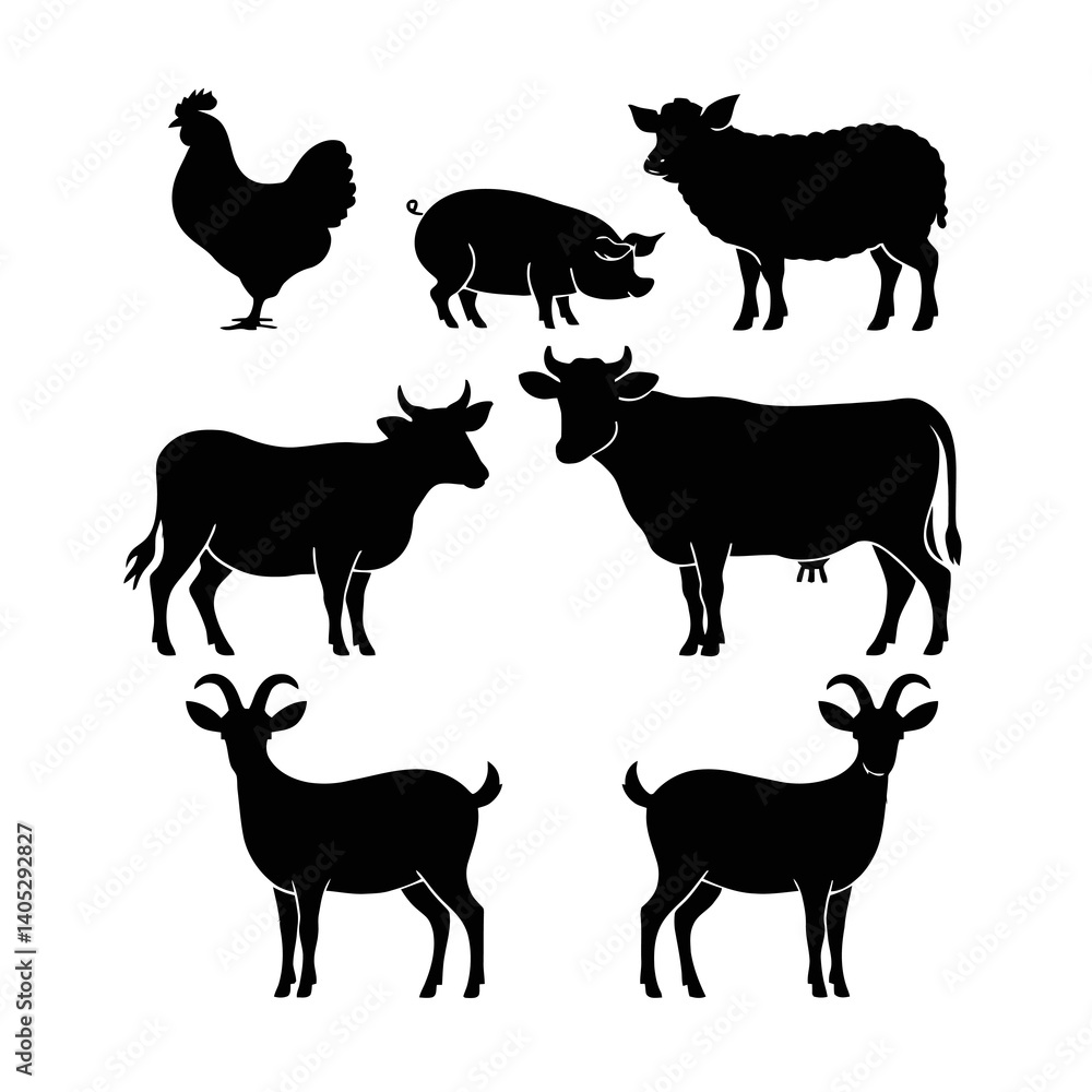 Silhouettes of various farm animals, including a rooster, pig, sheep, cows, and goats, are depicted. Silhouettes of various farm animals, including a rooster, pig, sheep, cows, and goats, are depicted.
