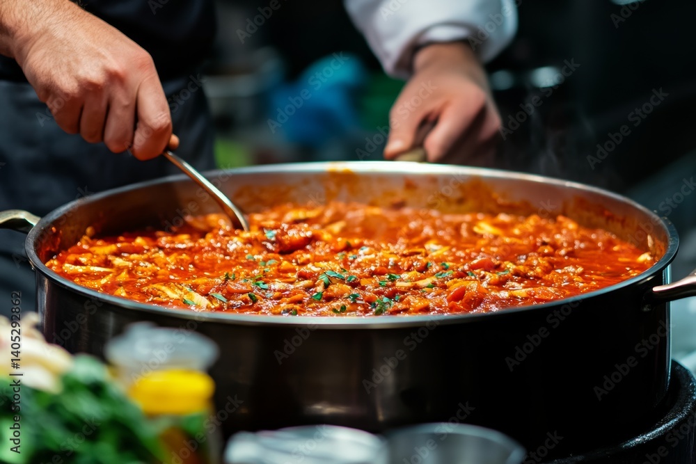 Chef's hands stirring large pot of aromatic Chilean conger eel stew, bubbling with vegetables. Concept of culinary skill in preparing Chilean conger eel stew, Caldillo de Congrio. Chef's hands stirring large pot of aromatic Chilean conger eel stew, bubbling with vegetables. Concept of culinary skill in preparing Chilean conger eel stew, Caldillo de Congrio.