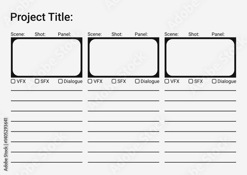 Professional film storyboard template. Perfect for Filmmakers, Designers & Animators. Movie storyboard layout, ideal for scene planning. A4 size template for filmmakers and designers