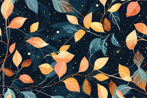 Seamless pattern with autumn leaves fall, vector floral repeating background with falling leaf. Perfectly for fabric, texture, backdrop, card, wallpaper, web design. 