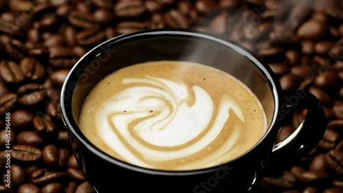 Steaming Latte with Coffee Beans.
