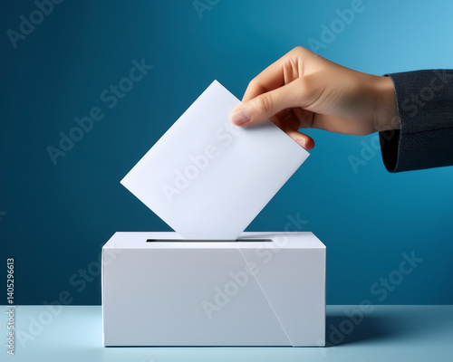 Concept for democratic voting, with a stylized hand inserting a paper ballot into a ballot box slot against a sharp
