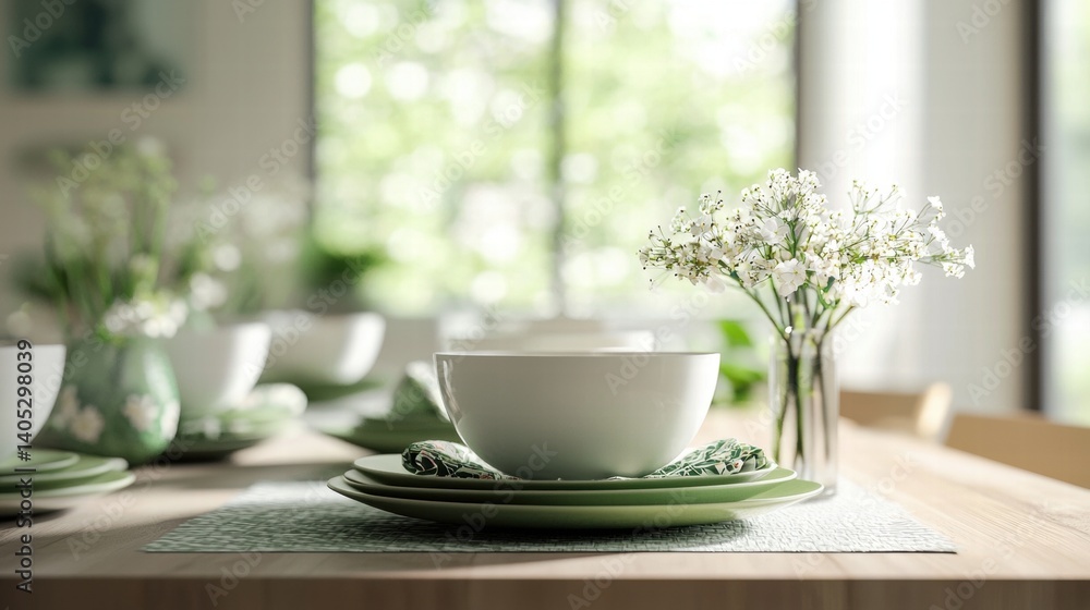 A table setting with a white bowl, green plates, and a vase of white flowers. A table setting with a white bowl, green plates, and a vase of white flowers.