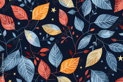 Seamless pattern with autumn leaves fall, vector floral repeating background with falling leaf. Perfectly for fabric, texture, backdrop, card, wallpaper, web design. 