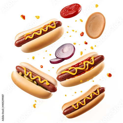 Delicious grilled hotdogs with mustard and ketchup for fast food restaurant advertisement and promotion on transparent background