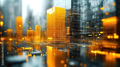 Futuristic city skyline illuminated with glowing orange structures.