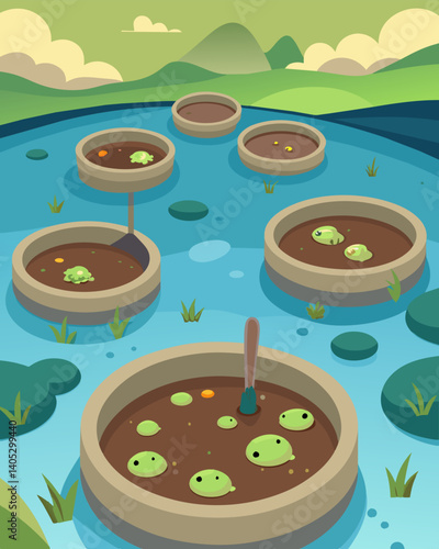A series of settling ponds are filled with murky water but upon closer inspection one can see tiny organisms working hard to break down the contaminants.. Vector illustration