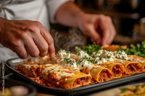 Close-up of chef's hand spreading cheese over stuffed pasta tubes, garnished with fresh herbs. Concept of cooking delicious stuffed pasta tubes, Cannelloni Ripieni, in kitchen setting.