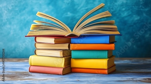 Stack of Vintage Books with Open Book on Top, Stack of vintage books with one open on top, against a textured background