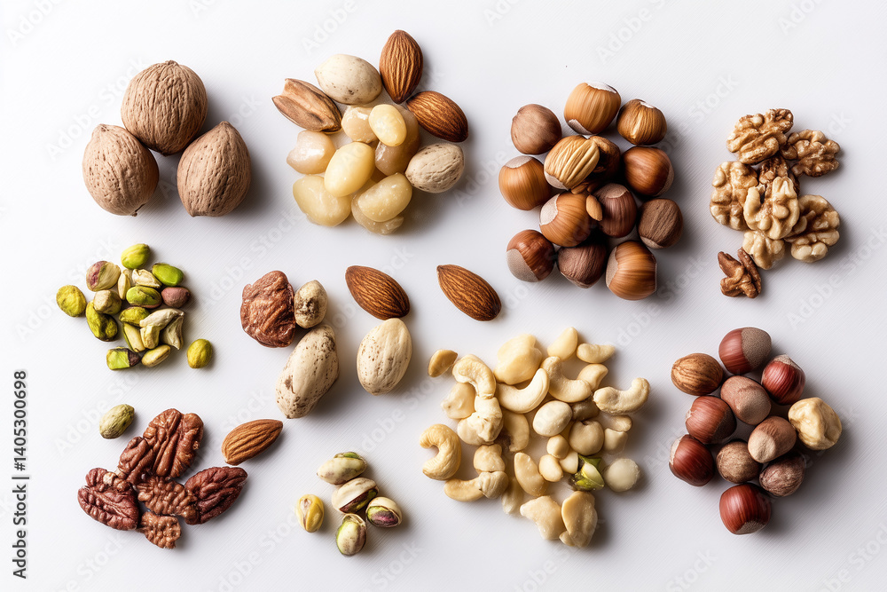 top-down digital collage of assorted nuts on clean white background
top-down digital collage of assorted nuts on clean white background