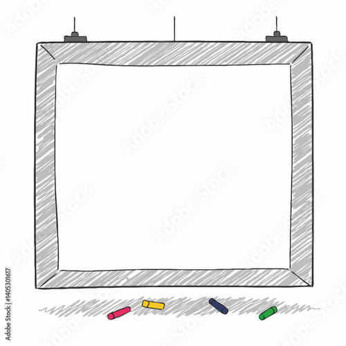 Empty chalkboard frame with colorful chalk pieces below