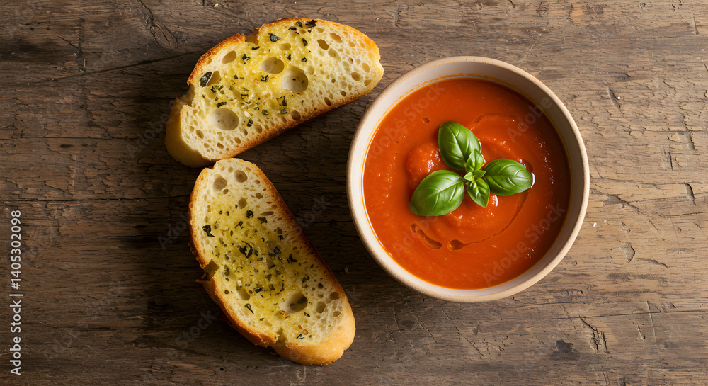 Tomato Soup With Toasted Bread On Rustic Wooden Surface In High Angle Tomato Soup With Toasted Bread On Rustic Wooden Surface In High Angle