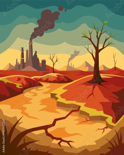 The acidic and polluted soil from industrial activities has left oncefertile land barren and unable to sustain plant life further diminishing the already fragile ecosystem.. Vector illustration