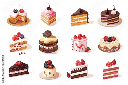 Set of colorful and realistic sweet.  Set of isolated cakes decorated with cream and fruit, rolls, pastries and candy.