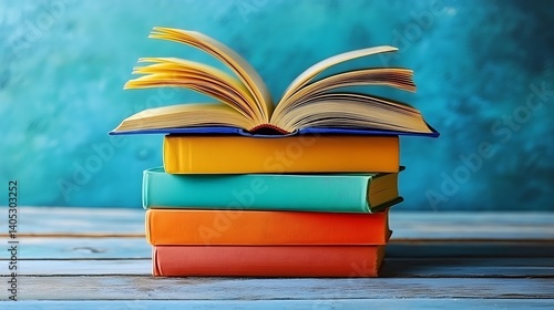 Stack of Vintage Books with Open Book on Top, Stack of vintage books with one open on top, against a textured background