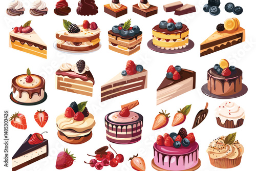 Set of colorful and realistic sweet.  Set of isolated cakes decorated with cream and fruit, rolls, pastries and candy.