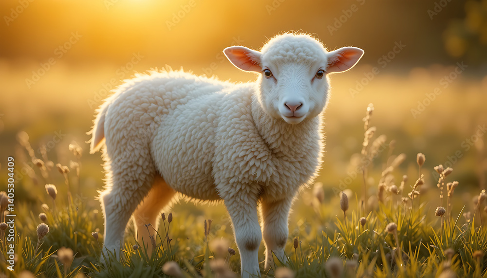 Obraz premium Lamb Standing in Field with Golden Sunset Light and Soft Focus