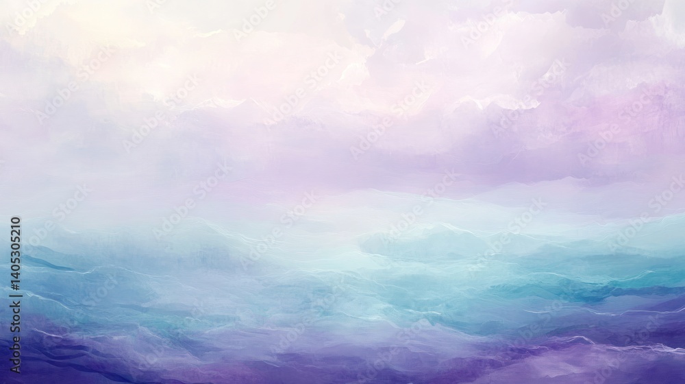 Pastel-hued, dreamlike landscape of layered clouds and mountains Pastel-hued, dreamlike landscape of layered clouds and mountains