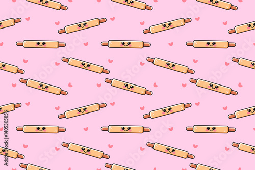 Seamless pattern with cute kawaii character rolling pin for cooking. Happy joyful cute rolling pin smiling face. Vector illustration, icon isolated on pink background with pink hearts