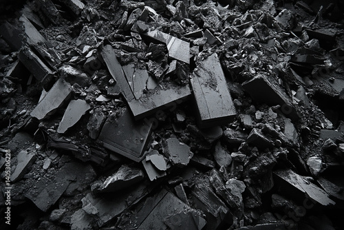 A monochrome view of a pile of broken dark rocks and stone fragments heap