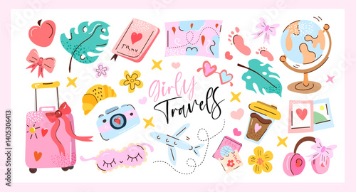 Girly Travels is a hand drawn vector set with cute travel items such as suitcase, passport, camera, coffee, globe, ticket. Perfect for planners, stickers, prints, and summer designs.