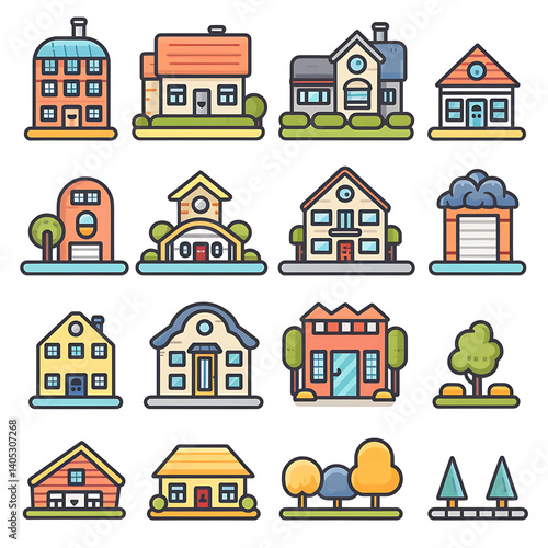 Architectural Variety: A charming collection of assorted homes, each with a unique design. This vector illustration showcases the beauty of diverse architectural styles.