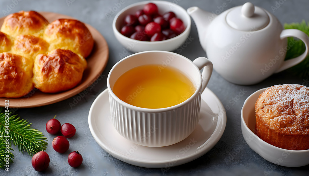 Cozy autumn tea time with pastries and berries. Generative AI Cozy autumn tea time with pastries and berries. Generative AI