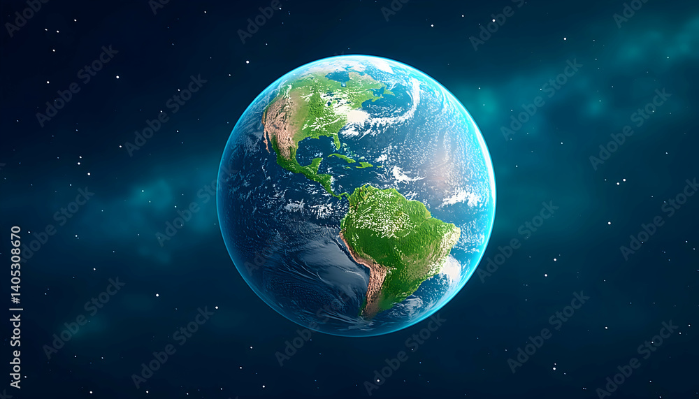 Obraz premium Detailed Earth globe in space, North and South America visible, surrounded by stars and nebula. Generative AI