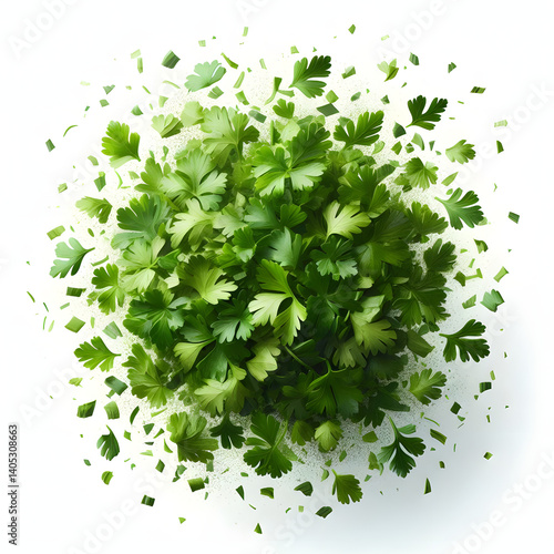 Vibrant chopped dry parsley leaves floating mid-air, isolated on crisp white background, ultra-realistic, clipping path included, perfect for food packaging and culinary design