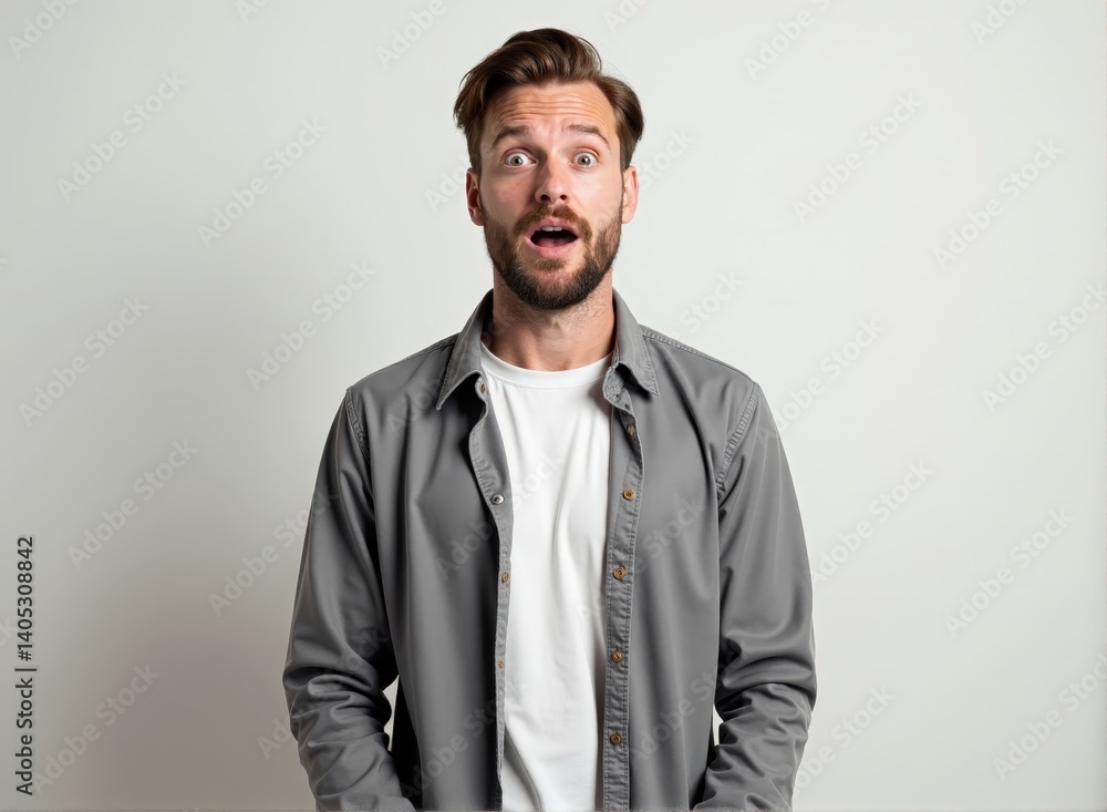 Fototapeta premium A man in casual clothes with medium skin and straight hair, surprised, standing in front of a white background, studio lighting, centered composition, 4K photo, shallow depth of field. Mockup.
