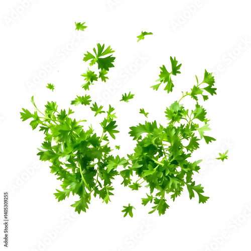 Vibrant chopped dry parsley leaves floating mid-air, isolated on crisp white background, ultra-realistic, clipping path included, perfect for food packaging and culinary design