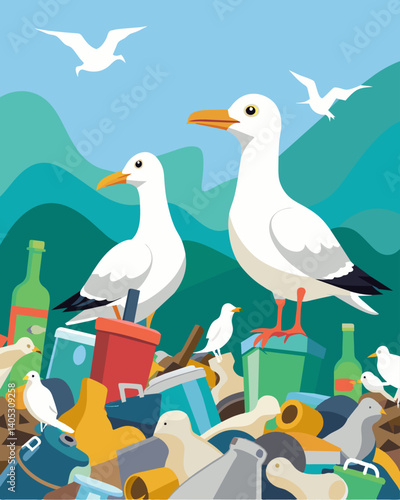 Seagulls scavenge through piles of discarded cans and bottles their natural habitat now transformed into a wasteland.. Vector illustration