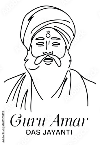 Illustration of Guru Amar Das With Traditional Text on a Jayanti Celebration