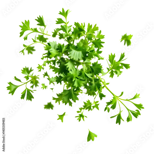 Vibrant chopped dry parsley leaves floating mid-air, isolated on crisp white background, ultra-realistic, clipping path included, perfect for food packaging and culinary design