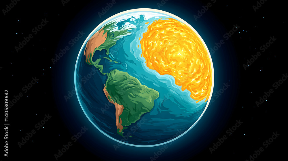 Intense heat wave engulfing part of planet Earth, depicted as fiery orange. Generative AI Intense heat wave engulfing part of planet Earth, depicted as fiery orange. Generative AI