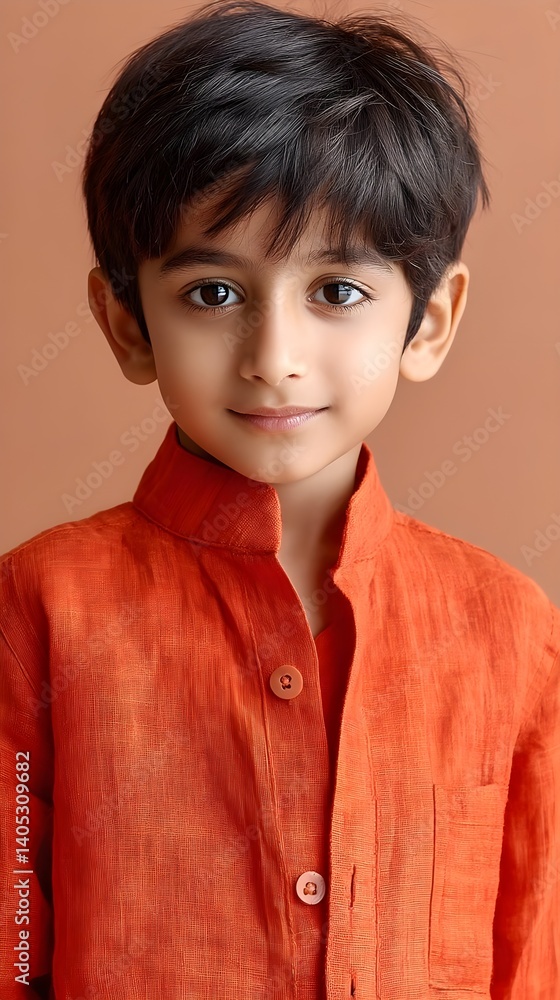 Young boy in vibrant orange traditional attire Young boy in vibrant orange traditional attire